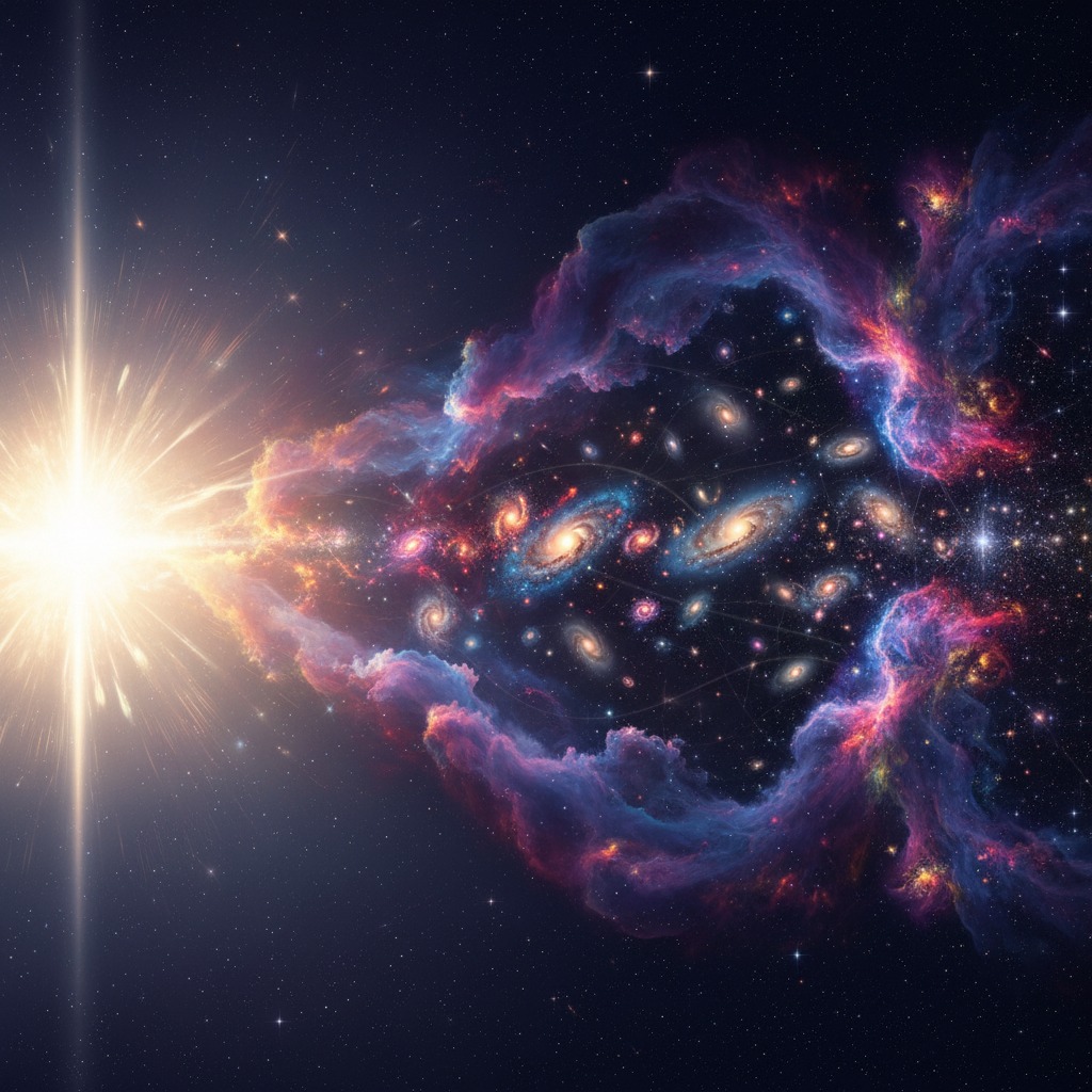 A bright star shines on the left, casting light into a vast nebula filled with swirling galaxies and colorful cosmic dust.